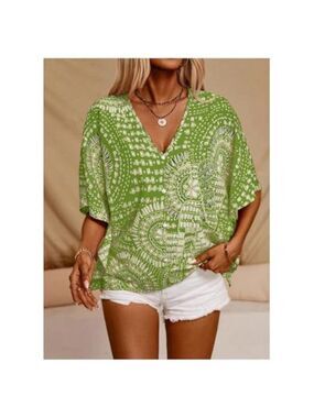 Women’s Green Boho V-Neck 3/4 Sleeve Blouse Vintage 70s Summer Top